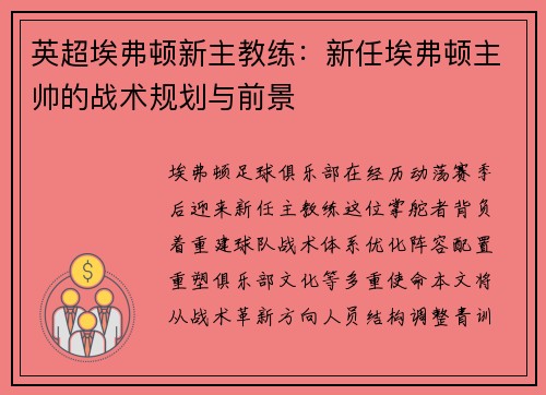英超埃弗顿新主教练：新任埃弗顿主帅的战术规划与前景