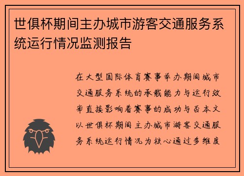 世俱杯期间主办城市游客交通服务系统运行情况监测报告