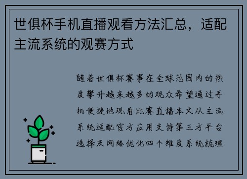 世俱杯手机直播观看方法汇总，适配主流系统的观赛方式